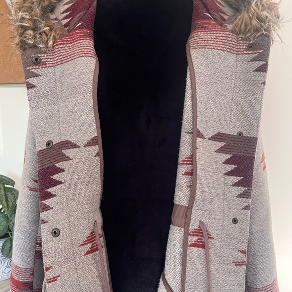 BB DAKOTA Southwest Aztec Coat Jacket Faux Fur Hood Women's Sz L Wool Blend Rust - Picture 8 of 10